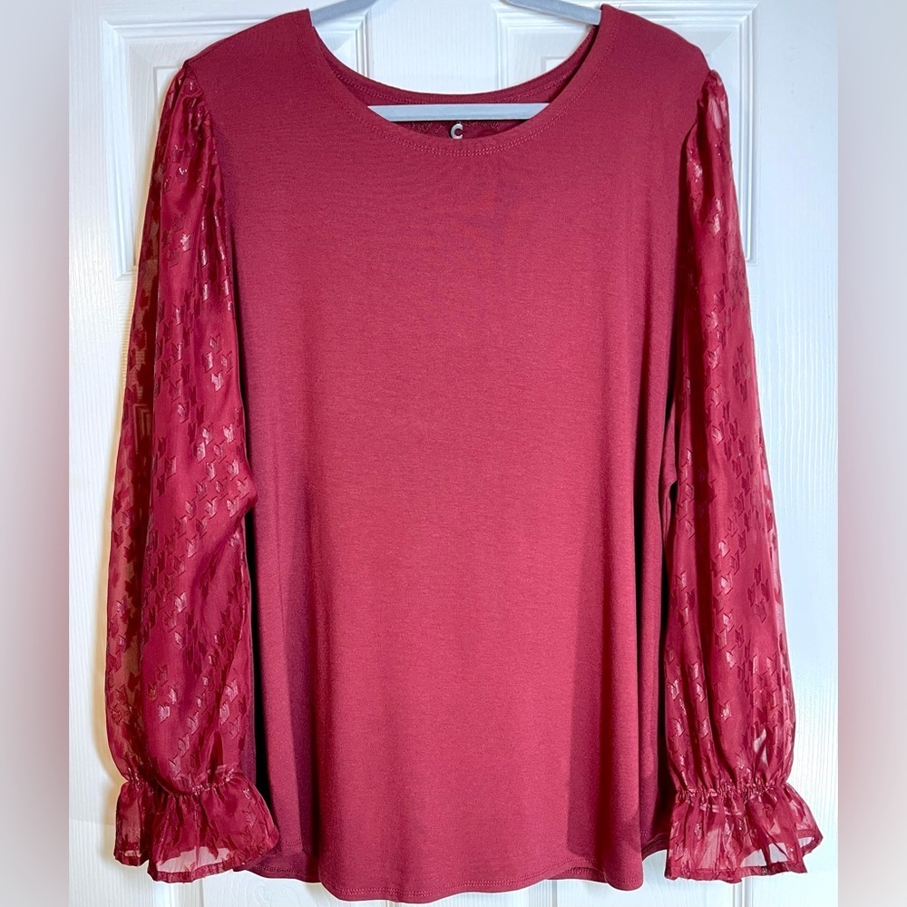 NWOT CUPIO‎ Women’s Plus Size Long Sleeve Julianna Crepe Top 3X Pomegranate